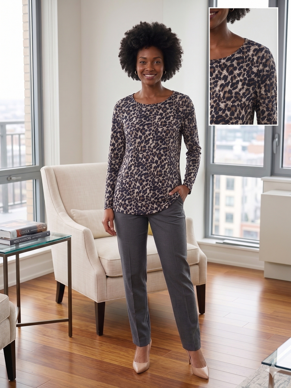 Mario Serrani Leopard Print Scoop Neck Top - Taupe & Black